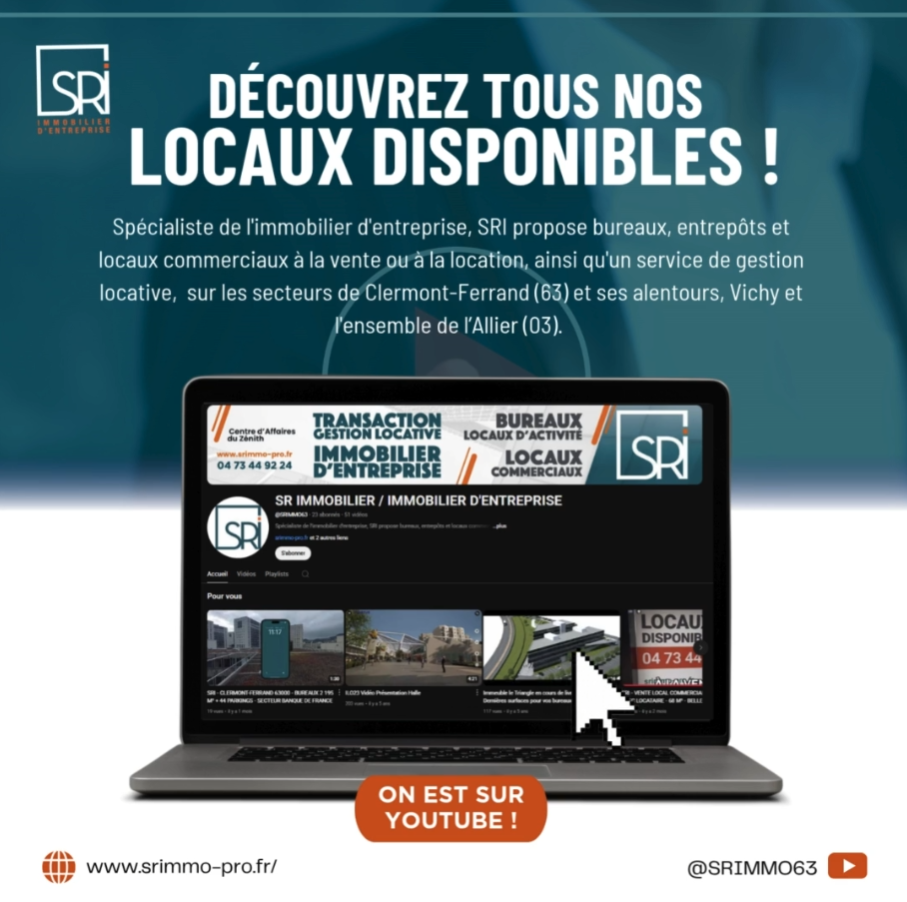Visite vidéo de locaux d’activité et bureaux en immobilier d’entreprise à Clermont-Ferrand Présentation de biens professionnels disponibles à la location ou vente en Auvergne Plateforme vidéo SR Immo pour accélérer les décisions d’implantation d’entreprise