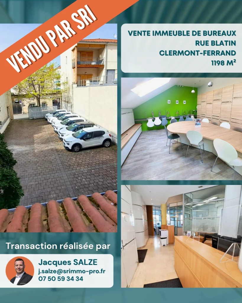 Immeuble de bureaux vendu à Clermont-Ferrand rue Blatin Transaction immobilière professionnelle bureaux 1198 m² Investissement immobilier professionnel bureaux Clermont-Ferrand