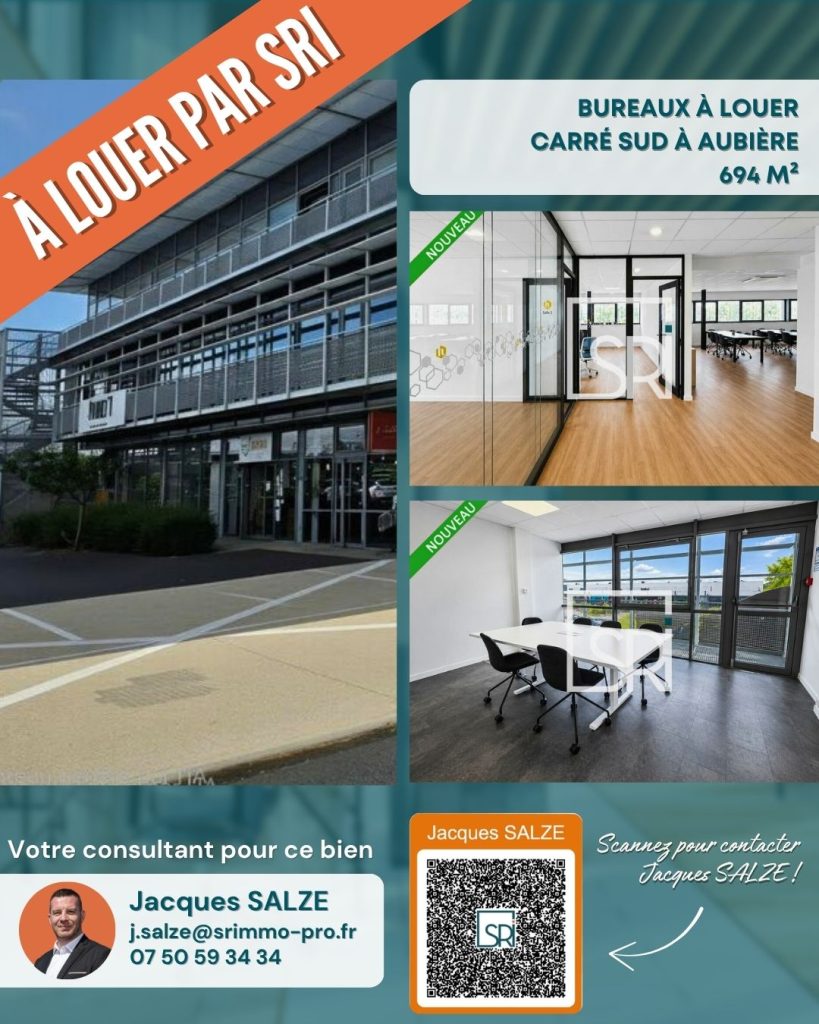 Bureaux professionnels à louer au Carré Sud à Aubière près de Clermont-Ferrand Espaces de bureaux de 694 m² proposés par SR Immo à Aubière Immobilier d'entreprise à Clermont-Ferrand : bureaux disponibles au Carré Sud